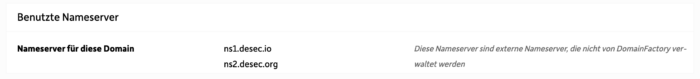 Einstellung im Domainfactory-Portal, die alternative Nameserver für die Domain konfiguriert.
